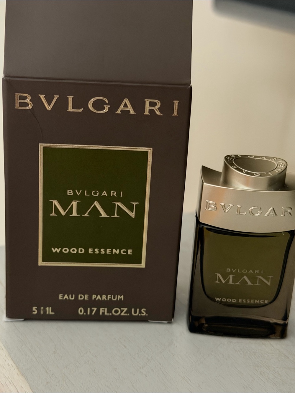 Bvlgari Man Wood Essence - Olive Green & Gold Bottle and Box